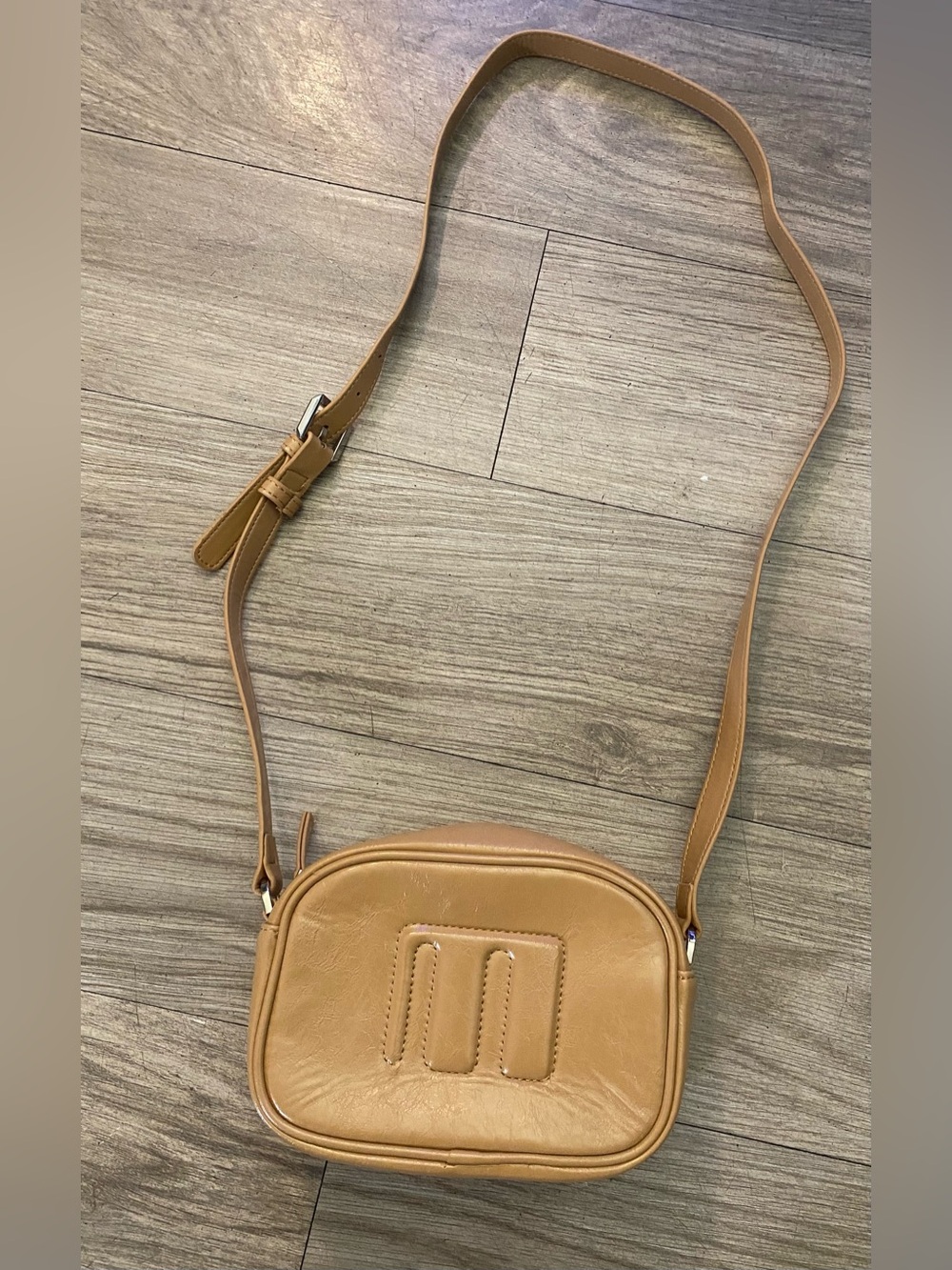 Mango Caramel Tan Crossbody Bag with Logo Stitching